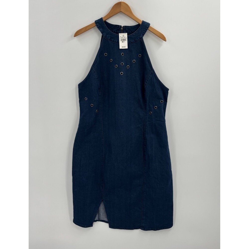 Ashley Stewart Womens 16 Denim Dress Boho Western Grommets Back Zip Sleeveless